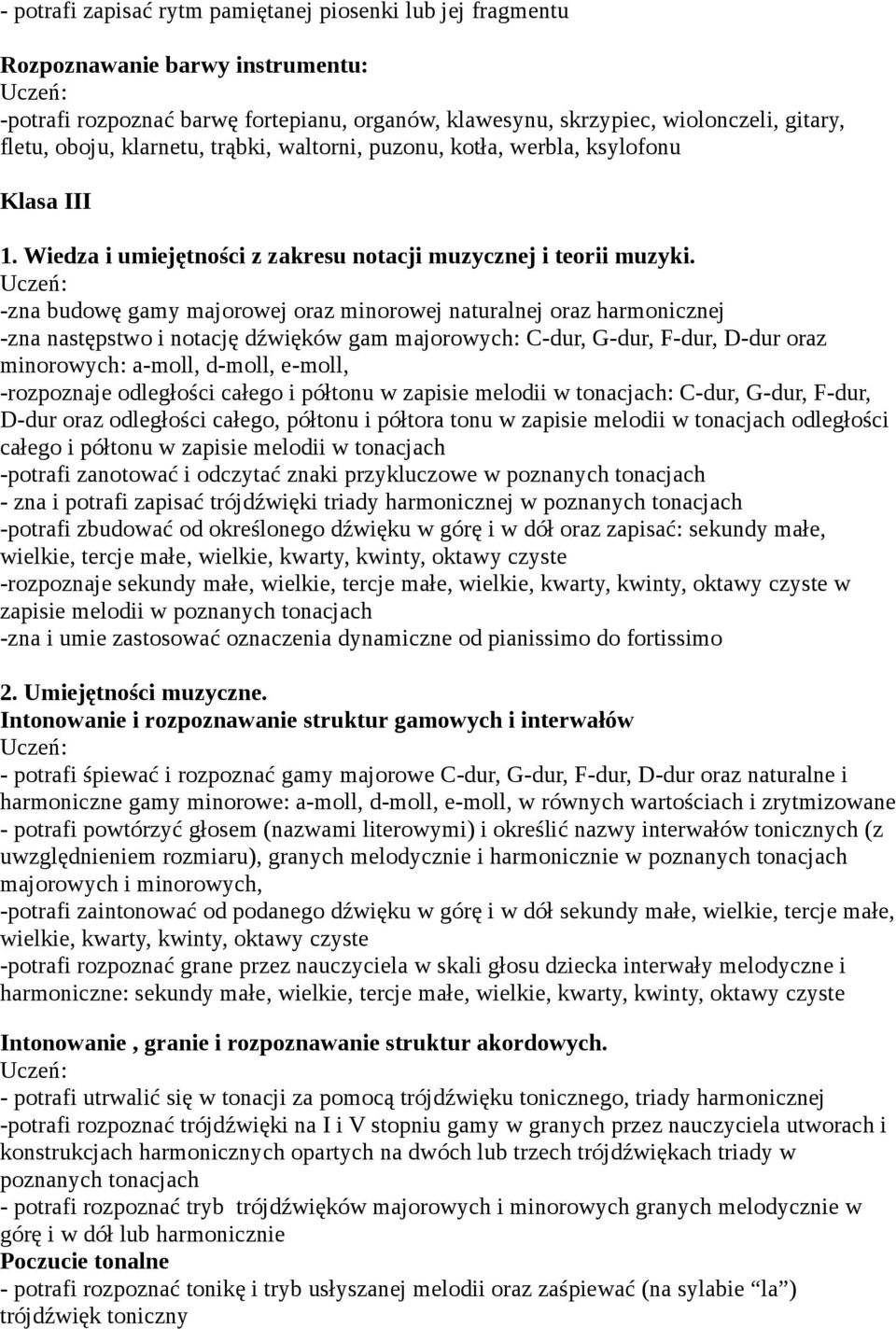 -zna budowę gamy majorowej oraz minorowej naturalnej oraz harmonicznej -zna następstwo i notację dźwięków gam majorowych: C-dur, G-dur, F-dur, D-dur oraz minorowych: a-moll, d-moll, e-moll,