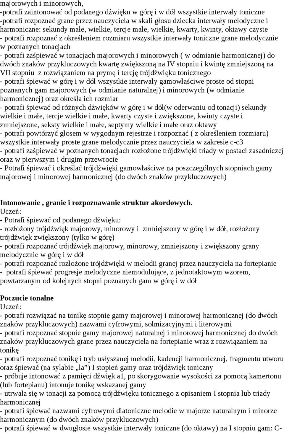 - potrafi zaśpiewać w tonacjach majorowych i minorowych ( w odmianie harmonicznej) do dwóch znaków przykluczowych kwartę zwiększoną na IV stopniu i kwintę zmniejszoną na VII stopniu z rozwiązaniem na