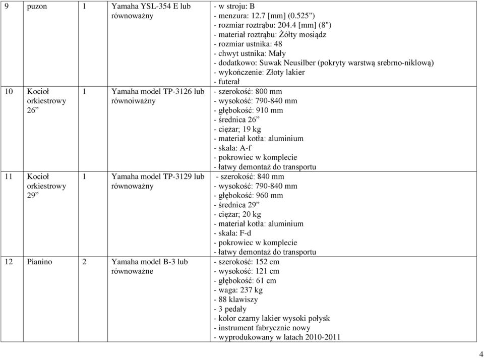 4 [mm] (8") - materiał roztrąbu: Żółty mosiądz - rozmiar ustnika: 48 - chwyt ustnika: Mały - dodatkowo: Suwak Neusilber (pokryty warstwą srebrno-niklową) - wykończenie: Złoty lakier - futerał -