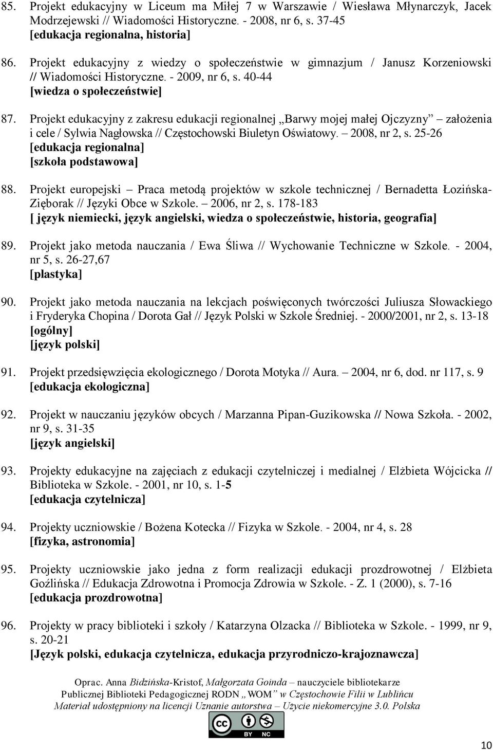 Projekt edukacyjny z zakresu edukacji regionalnej Barwy mojej małej Ojczyzny założenia i cele / Sylwia Nagłowska // Częstochowski Biuletyn Oświatowy. 2008, nr 2, s. 25-26 [edukacja regionalna] 88.
