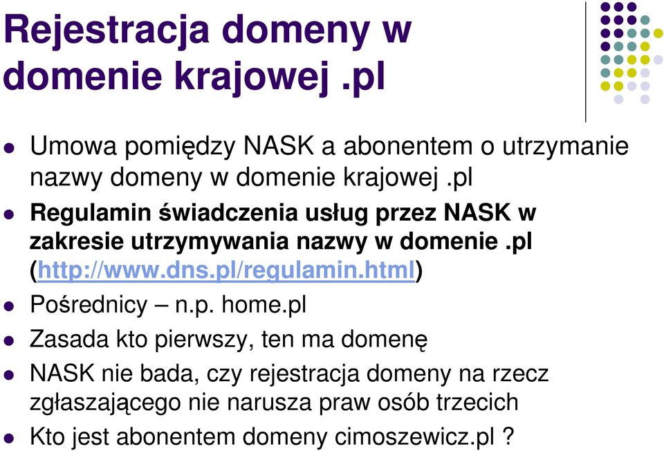 pl Regulamin świadczenia usług przez NASK w zakresie utrzymywania nazwy w domenie.pl (http://www.dns.