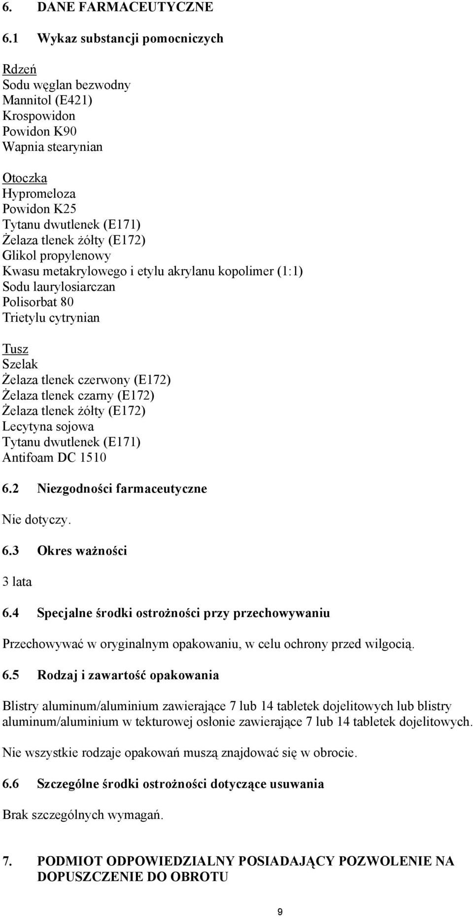 Glikol propylenowy Kwasu metakrylowego i etylu akrylanu kopolimer (1:1) Sodu laurylosiarczan Polisorbat 80 Trietylu cytrynian Tusz Szelak Żelaza tlenek czerwony (E172) Żelaza tlenek czarny (E172)