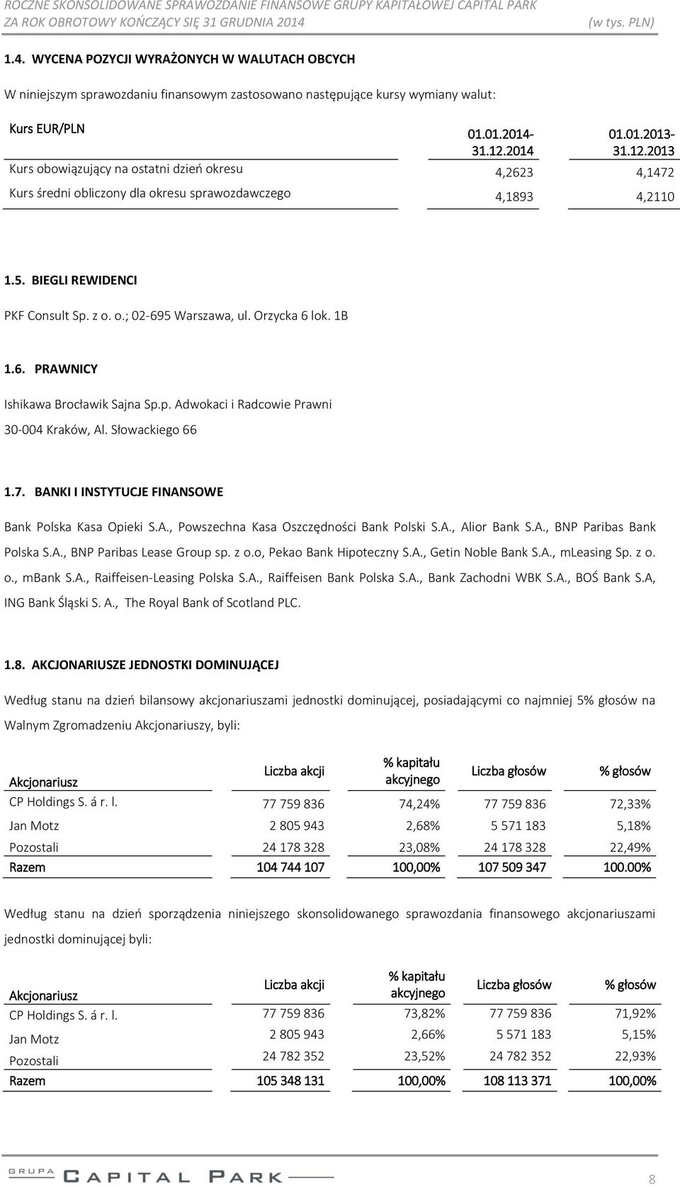 Orzycka 6 lok. 1B 1.6. PRAWNICY Ishikawa Brocławik Sajna Sp.p. Adwokaci i Radcowie Prawni 30-004 Kraków, Al. Słowackiego 66 1.7. BANKI I INSTYTUCJE FINANSOWE Bank Polska Kasa Opieki S.A., Powszechna Kasa Oszczędności Bank Polski S.