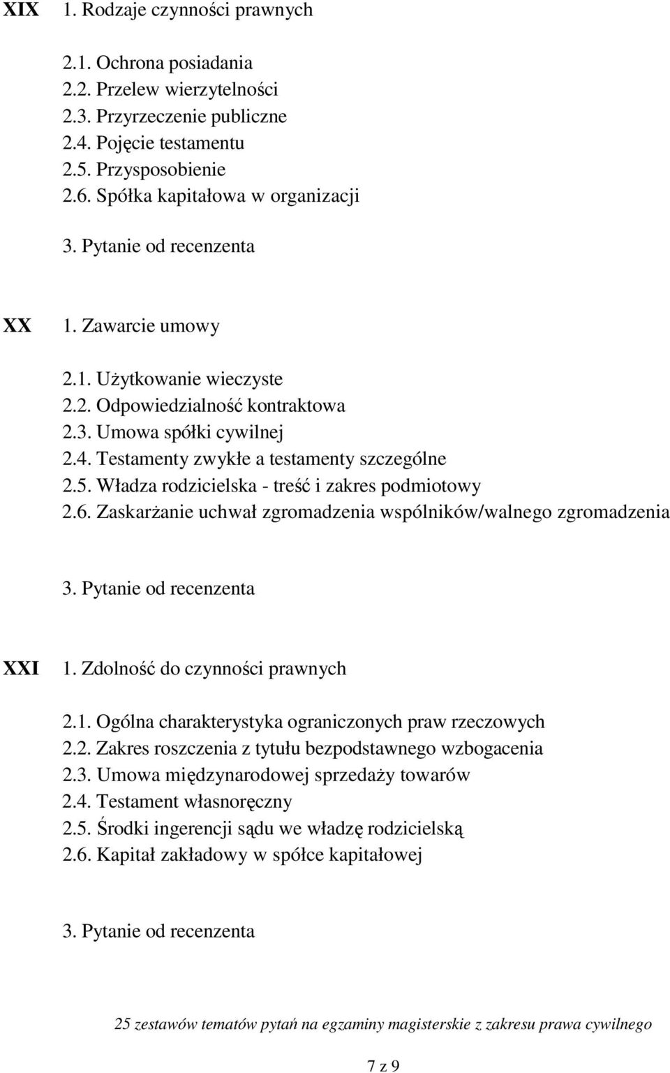 Władza rodzicielska - treść i zakres podmiotowy 2.6. Zaskarżanie uchwał zgromadzenia wspólników/walnego zgromadzenia XXI 1. Zdolność do czynności prawnych 2.1. Ogólna charakterystyka ograniczonych praw rzeczowych 2.