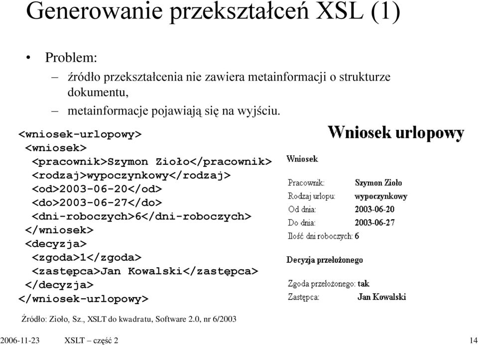 <wniosek-urlopowy> <wniosek> <pracownik>szymon Zioło</pracownik> <rodzaj>wypoczynkowy</rodzaj> <od>2003-06-20</od>