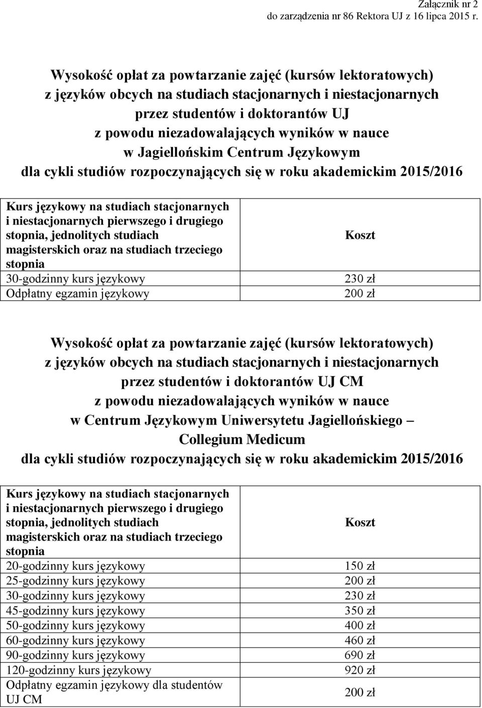 Jagiellońskim Centrum Językowym dla cykli studiów rozpoczynających się w roku akademickim 2015/2016 Kurs językowy na studiach stacjonarnych i niestacjonarnych pierwszego i drugiego stopnia,