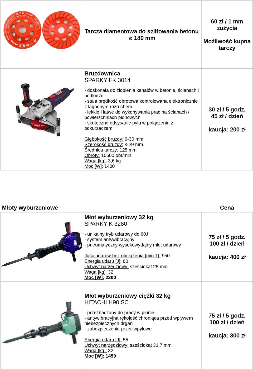 godz. 45 zł / dzień Głębokość bruzdy: 0-30 mm Szerokość bruzdy: 3-29 mm Średnica tarczy: 125 mm Obroty: 10500 obr/min Waga [kg]: 3,6 kg Moc [W]: 1400 Młoty wyburzeniowe Młot wyburzeniowy 32 kg SPARKY