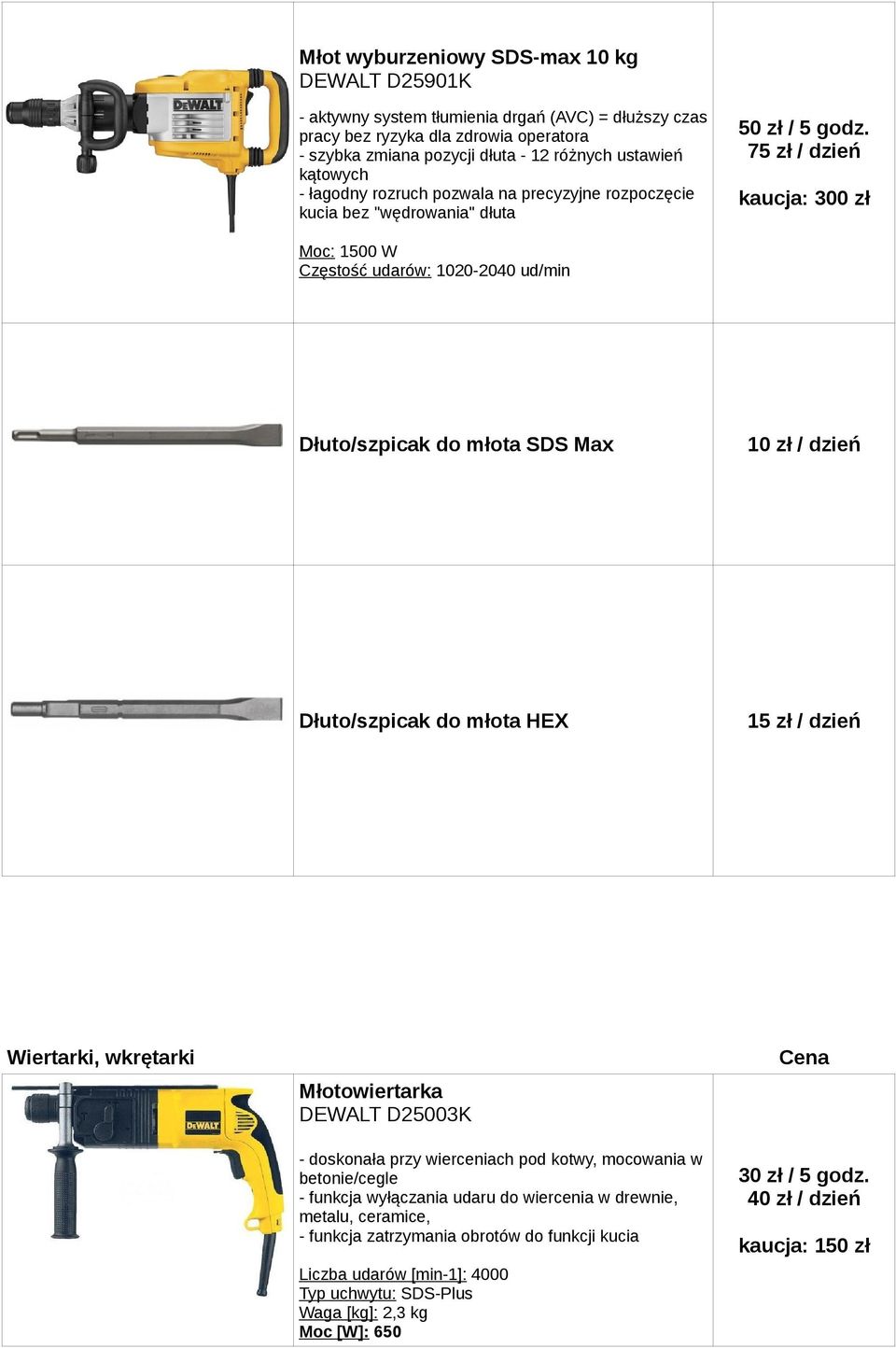 75 zł / dzień Moc: 1500 W Częstość udarów: 1020-2040 ud/min Dłuto/szpicak do młota SDS Max 10 zł / dzień Dłuto/szpicak do młota HEX 15 zł / dzień Wiertarki, wkrętarki Młotowiertarka DEWALT D25003K -