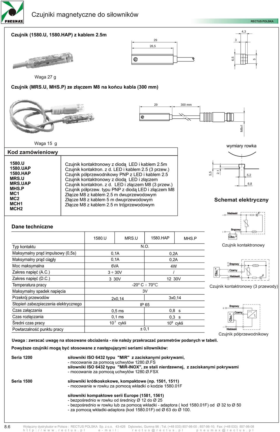 5m Czujnik kontaktron. z d. LED i kablem 2.5 (3 przew.) Czujnik pó³przewodnikowy PNP z LED i kablem 2.5 Czujnik kontaktronowy z diod¹ LED i z³¹czem Czujnik kontaktron. z d. LED i z³¹czem M8 (3 przew.