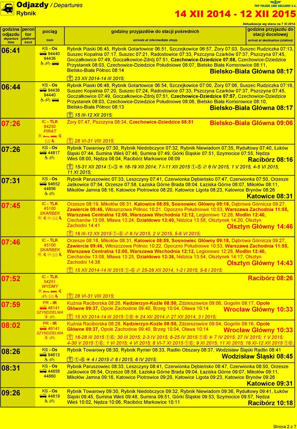 Pszczyna Czarków 07:37, Pszczyna 07:45, Goczałkowice 07:49, Goczałkowice-Zdrój 07:51, Czechowice-Dziedzice 07:58, Czechowice-Dziedzice Przystanek 08:03, Czechowice-Dziedzice Południowe 08:07, Bielsko