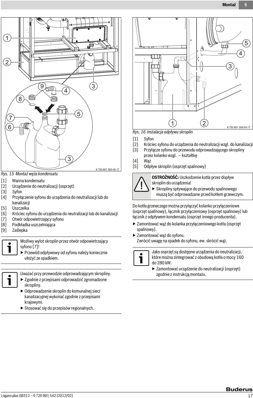 syfonu do urządzenia do neutralizacji lub do kanalizacji [7] Otwór odpowietrzający syfonu [8] Podkładka uszczelniająca [9] Zaślepka Możliwy wylot skroplin przez otwór odpowietrzający syfonu [7]!
