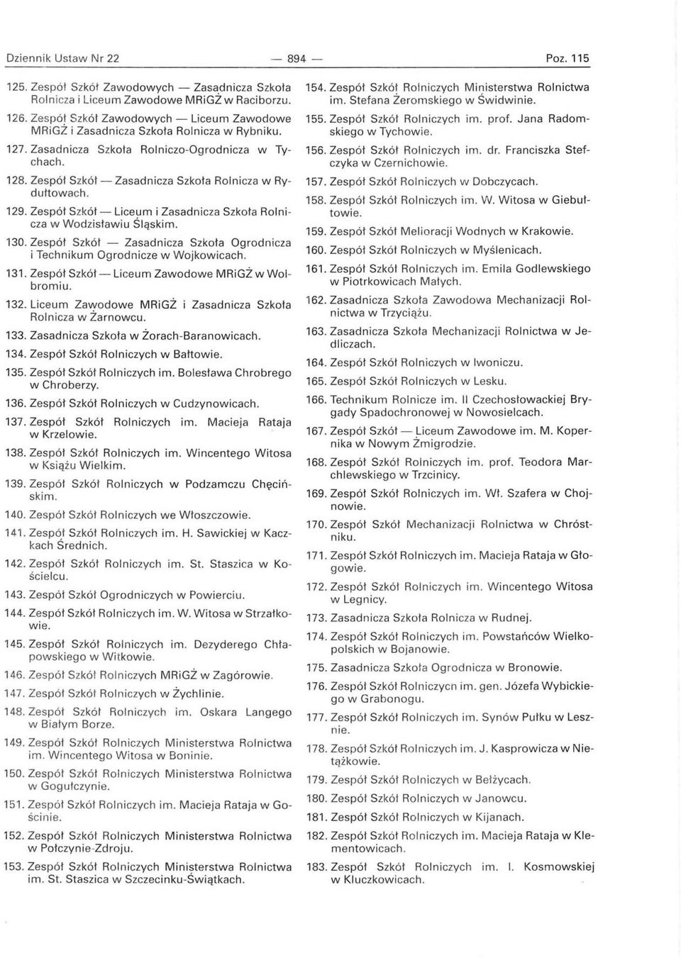Zespół Szkół - Zasadnicza Szkoła Rolnicza w Rydultowach. 129. Zespół Szkó ł - liceum i Zasadnicza Szko ł a Rolnicza w Wodz i sławiu Śląskim. 130.
