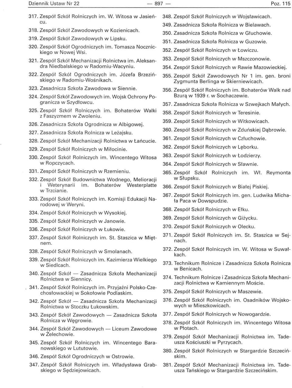 Józefa Brzezińskiego w Radomiu -Wośn ikach. 323. Zasadnicza Szkoła Zawodowa w Siennie. 324. Zespół Szkół Zawodowych im. Wojsk Ochrony Pogranicza w Szydłowcu. 325. Zespół Szkół Rolniczych im.