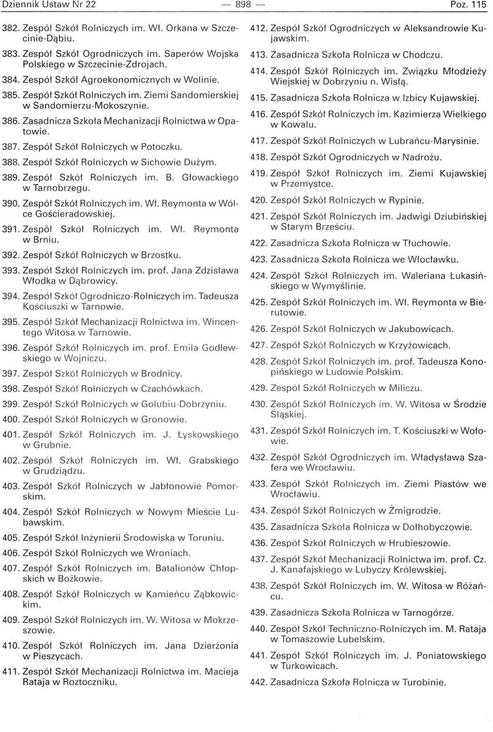 Zespół Szkół Rolniczych w Potoczku. 388. Zespół Szkół Rolniczych w Sichowie Dużym. 389. Zespół Szkół Rolniczych im. B. Głowackiego w Tarnobrzeg u. 390. Zespół Szkół Rolniczych im. Wf.