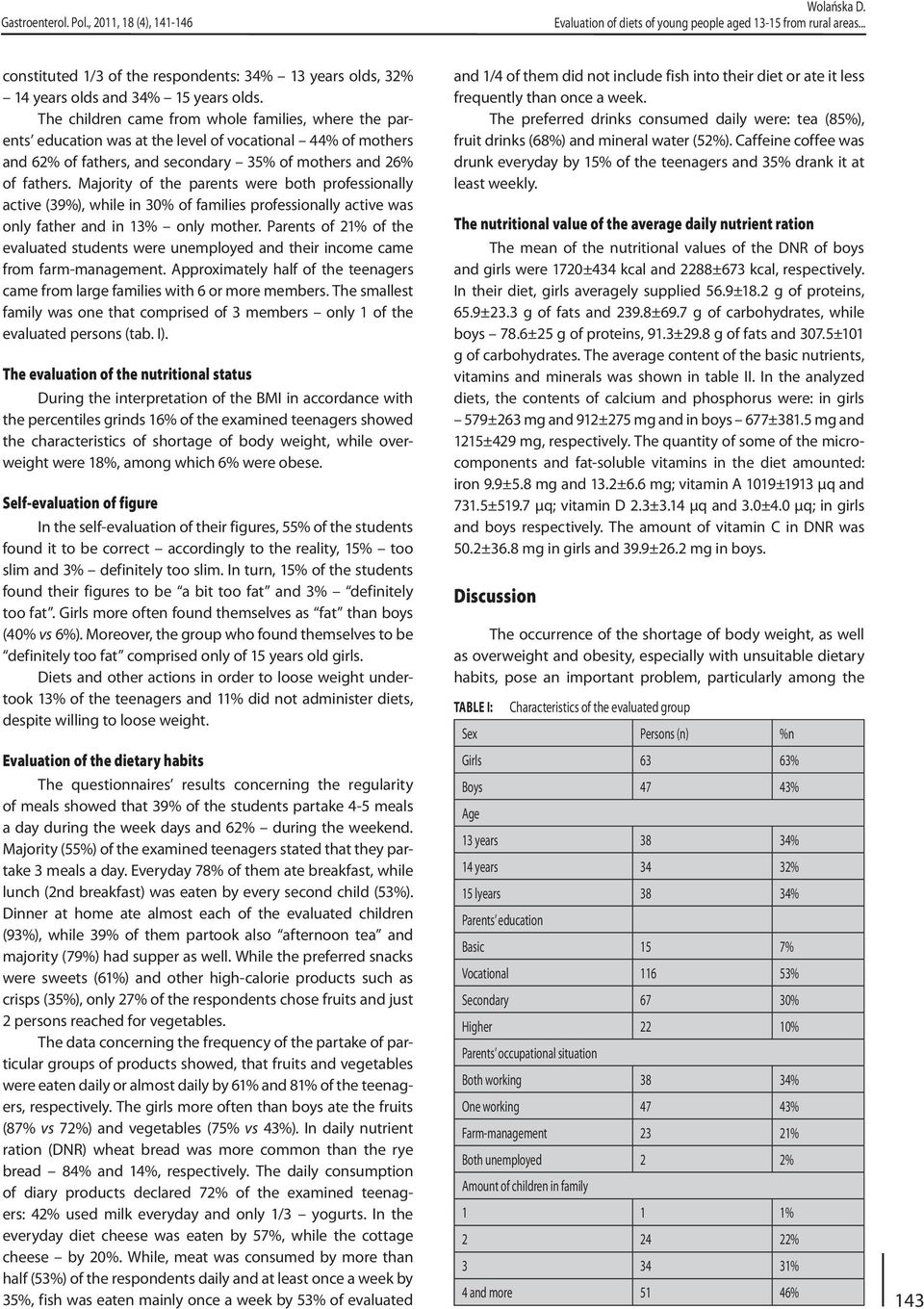 The children came from whole families, where the parents education was at the level of vocational 44% of mothers and 62% of fathers, and secondary 35% of mothers and 26% of fathers.