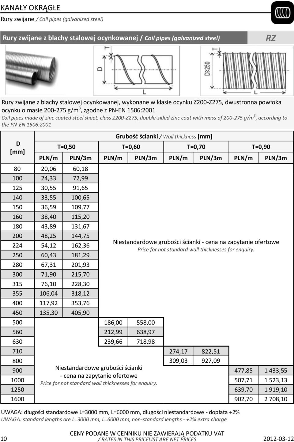 g/m 3, according to the PN-EN 1506:2001 D Grubość ścianki / Wall thickness T=0,50 T=0,60 T=0,70 T=0,90 PLN/m PLN/3m PLN/m PLN/3m PLN/m PLN/3m PLN/m PLN/3m 80 20,06 60,18 100 24,33 72,99 125 30,55