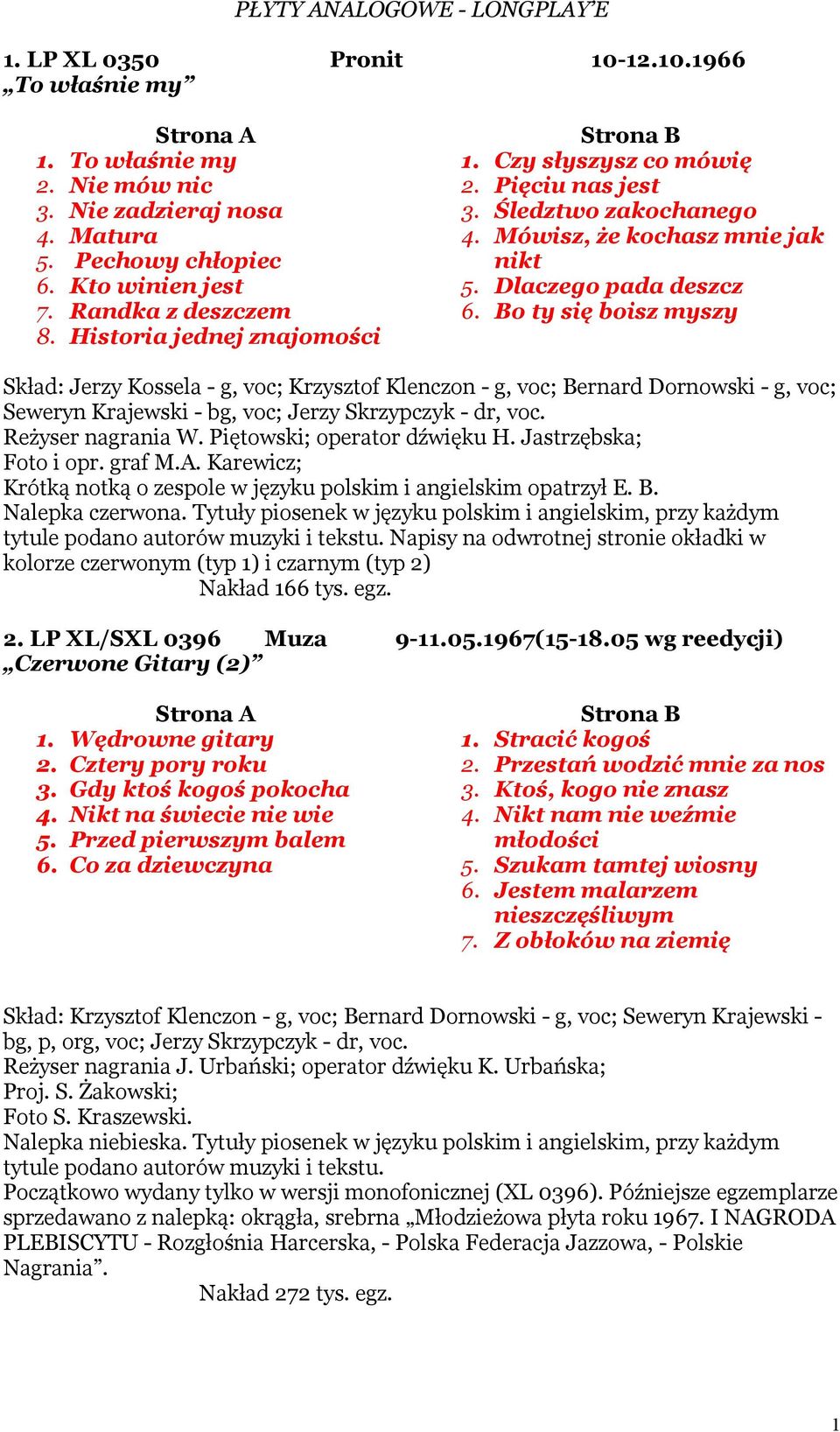 Bo ty się boisz myszy Skład: Jerzy Kossela - g, voc; Krzysztof Klenczon - g, voc; Bernard Dornowski - g, voc; Seweryn Krajewski - bg, voc; Jerzy Skrzypczyk - dr, voc. Reżyser nagrania W.