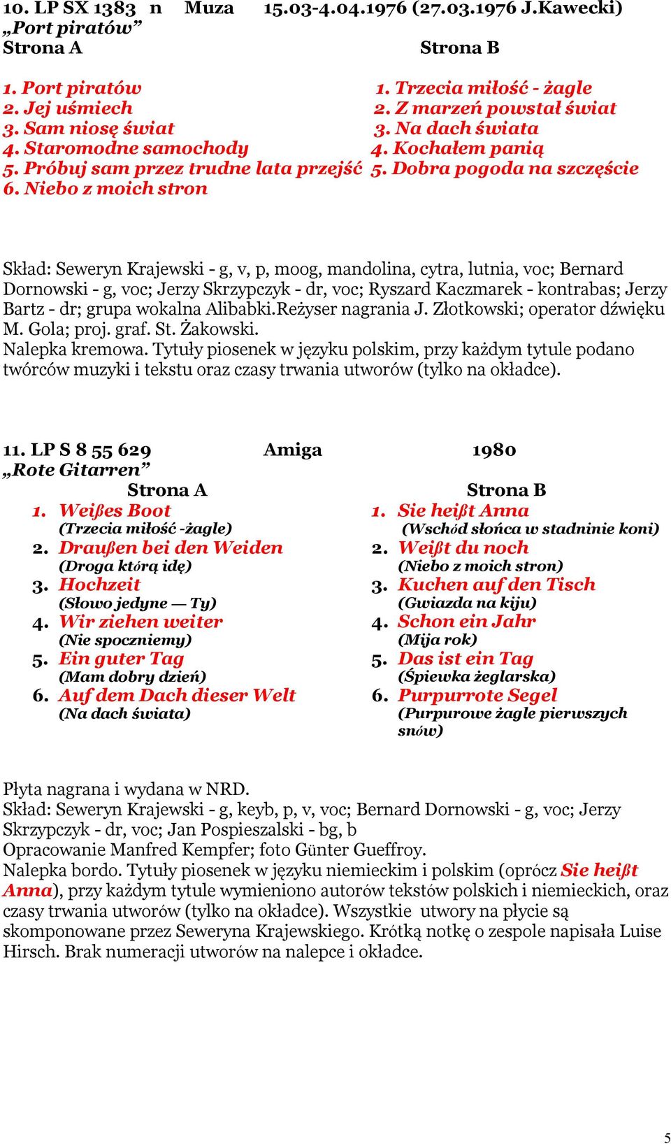 Niebo z moich stron Skład: Seweryn Krajewski - g, v, p, moog, mandolina, cytra, lutnia, voc; Bernard Dornowski - g, voc; Jerzy Skrzypczyk - dr, voc; Ryszard Kaczmarek - kontrabas; Jerzy Bartz - dr;