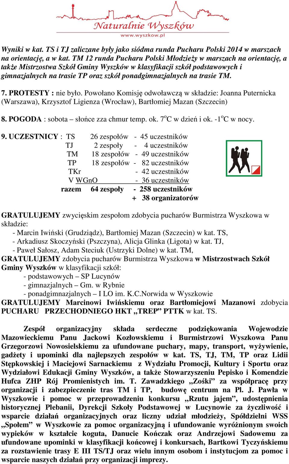trasie TM. 7. PROTESTY : nie było. Powołano Komisję odwoławczą w składzie: Joanna Puternicka (Warszawa), Krzysztof Ligienza (Wrocław), Bartłomiej Mazan (Szczecin) 8.