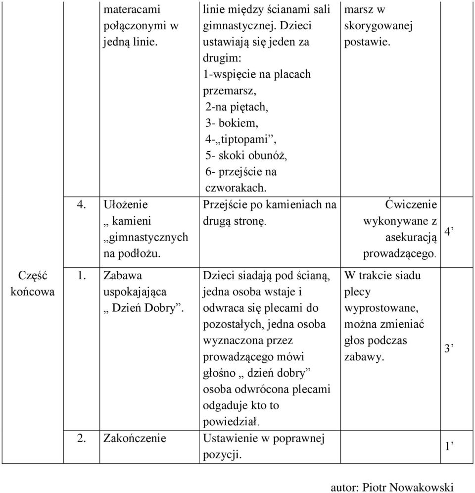 marsz w skorygowanej postawie. Ćwiczenie wykonywane z asekuracją prowadzącego. 4 Część końcowa 1. Zabawa uspokajająca Dzień Dobry.