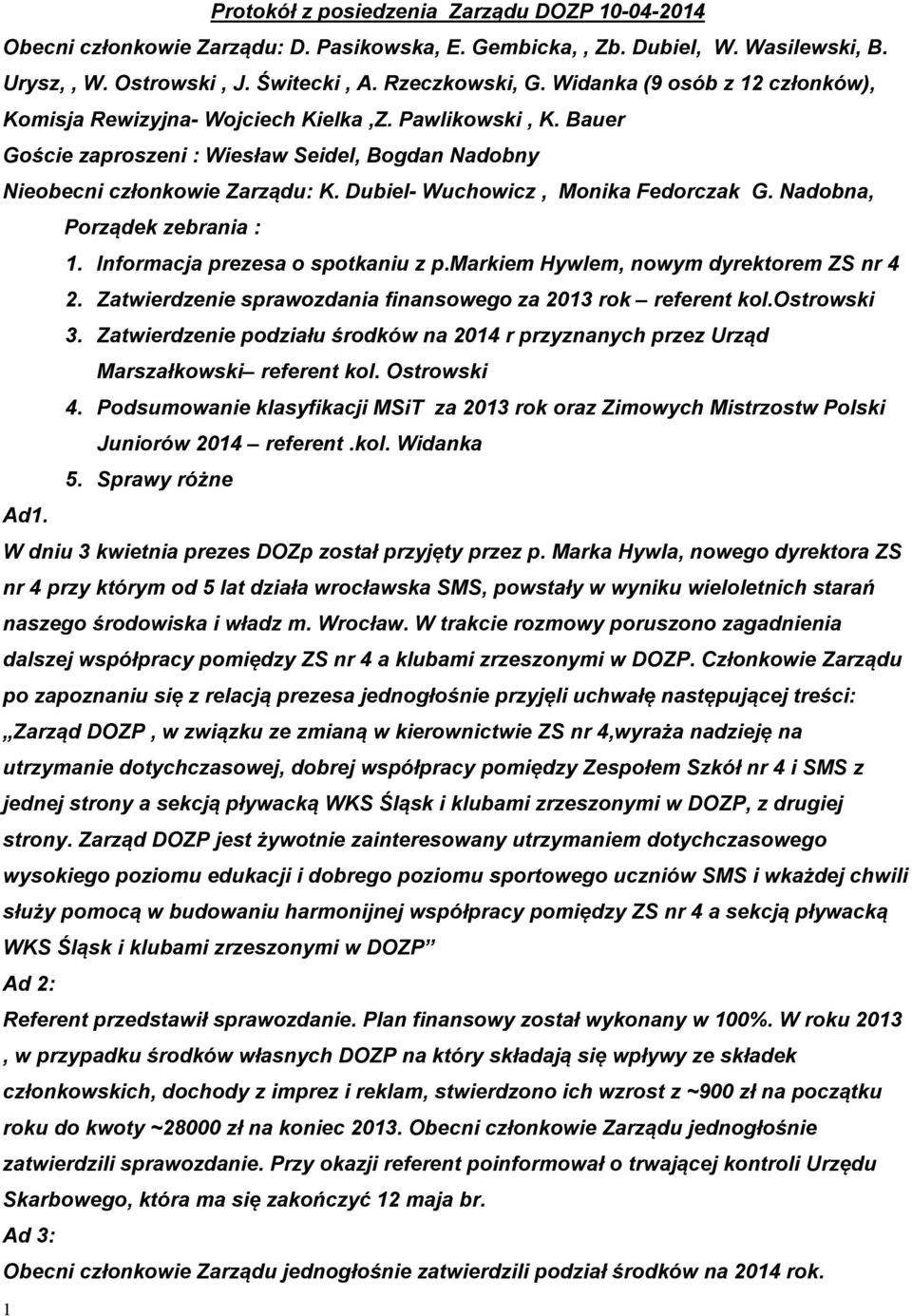 Dubiel- Wuchowicz, Monika Fedorczak G. Nadobna, Porządek zebrania : 1. Informacja prezesa o spotkaniu z p.markiem Hywlem, nowym dyrektorem ZS nr 4 2.