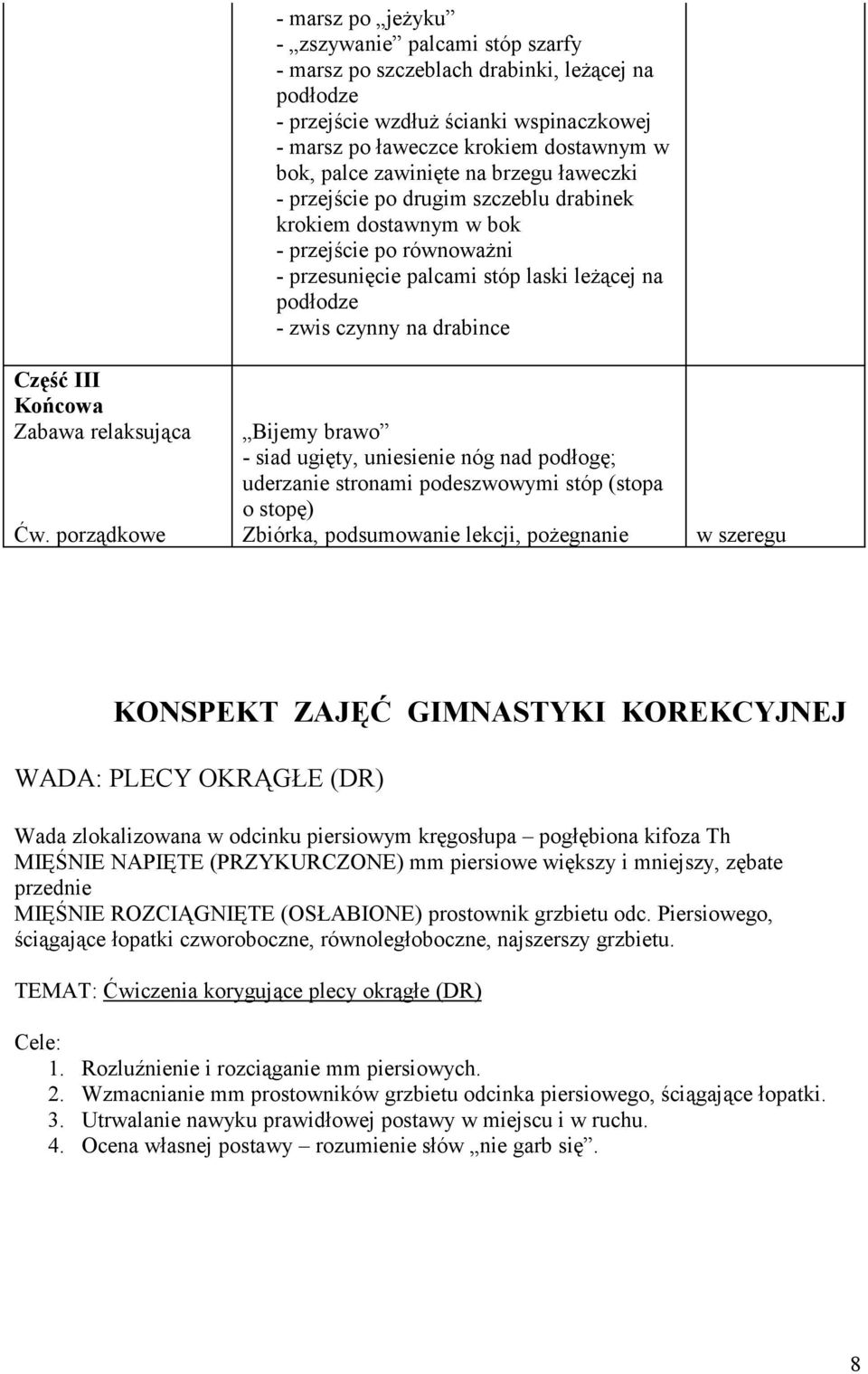 palce zawinięte na brzegu ławeczki - przejście po drugim szczeblu drabinek krokiem dostawnym w bok - przejście po równoważni - przesunięcie palcami stóp laski leżącej na podłodze - zwis czynny na