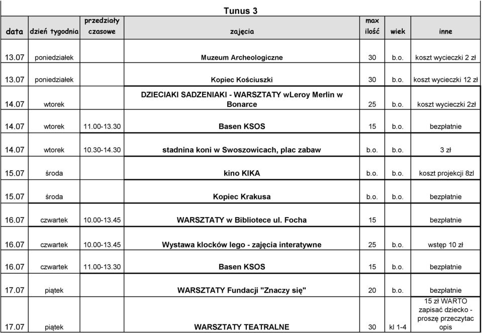 07 środa Kopiec Krakusa b.o. b.o. bezpłatnie 16.07 czwartek 10.00-13.45 WARSZTATY w Bibliotece ul. Focha 15 bezpłatnie 16.07 czwartek 10.00-13.45 Wystawa klocków lego - interatywne 25 b.o. wstęp 10 zł 16.