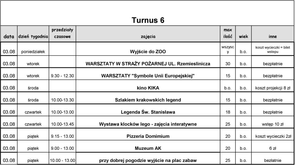 30 Szlakiem krakowskich legend 15 b.o. bezpłatnie 03.08 czwartek 10.00-13.00 Legenda Św. Stanisława 18 b.o. bezpłatnie 03.08 czwartek 10.00-13.45 Wystawa klocków lego - interatywne 25 b.