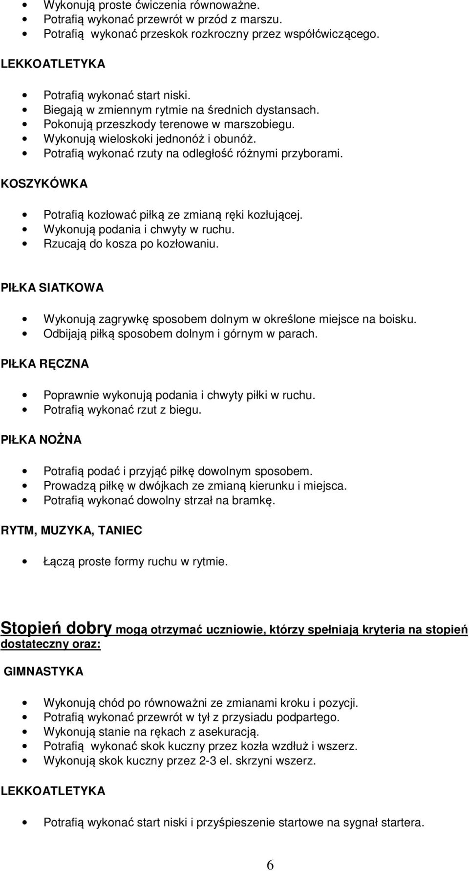 Potrafią kozłować piłką ze zmianą ręki kozłującej. Wykonują podania i chwyty w ruchu. Rzucają do kosza po kozłowaniu. Wykonują zagrywkę sposobem dolnym w określone miejsce na boisku.