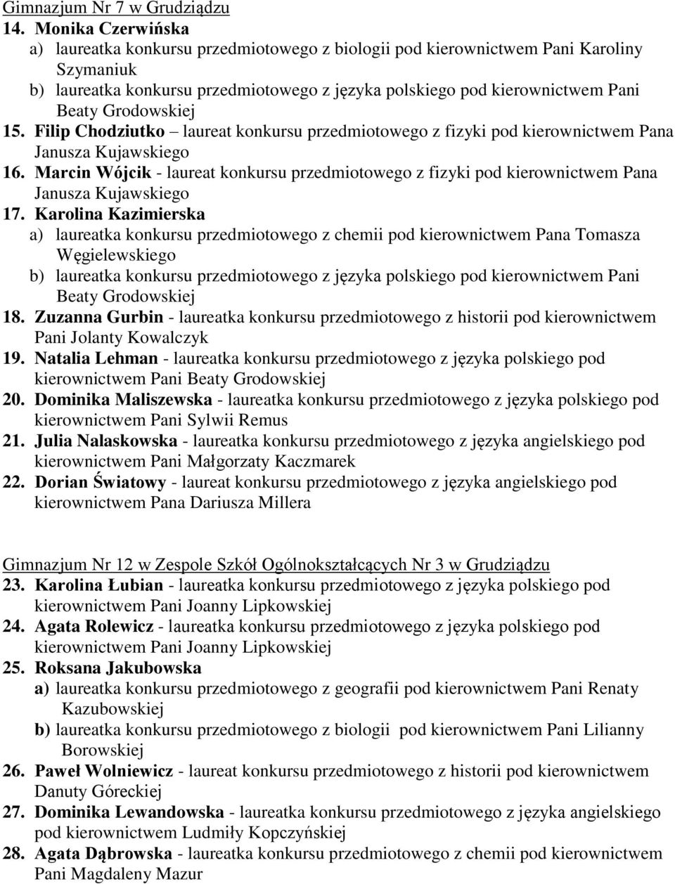 Grodowskiej 15. Filip Chodziutko laureat konkursu przedmiotowego z fizyki pod kierownictwem Pana Janusza Kujawskiego 16.