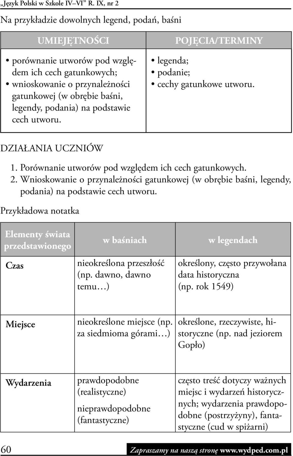 na podstawie cech utworu. POJĘCIA/TERMINY legenda; podanie; cechy gatunkowe utworu. DZIAŁANIA UCZNIÓW 1. Porównanie utworów pod względem ich cech gatunkowych. 2.