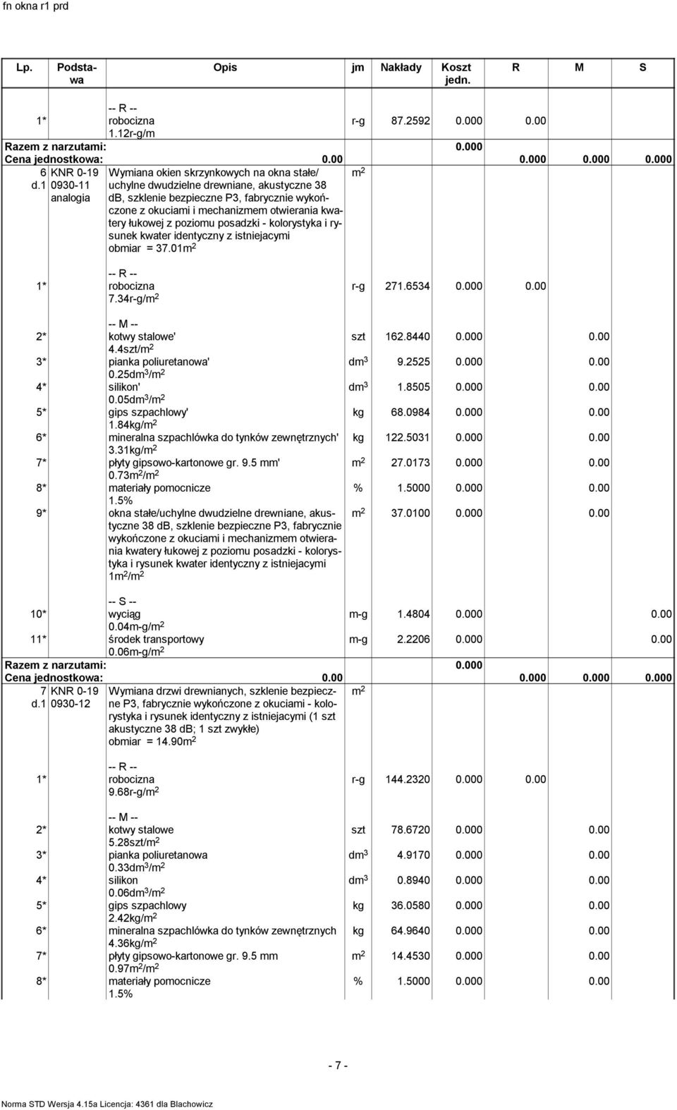 kwatery łukowej z poziomu posadzki - kolorystyka i rysunek kwater identyczny z istniejacymi obmiar = 37.01m 2 7.34r-g/m 2 r-g 271.6534 0.000 0.00 szt 162.8440 0.000 0.00 dm 3 9.2525 0.000 0.00 dm 3 1.