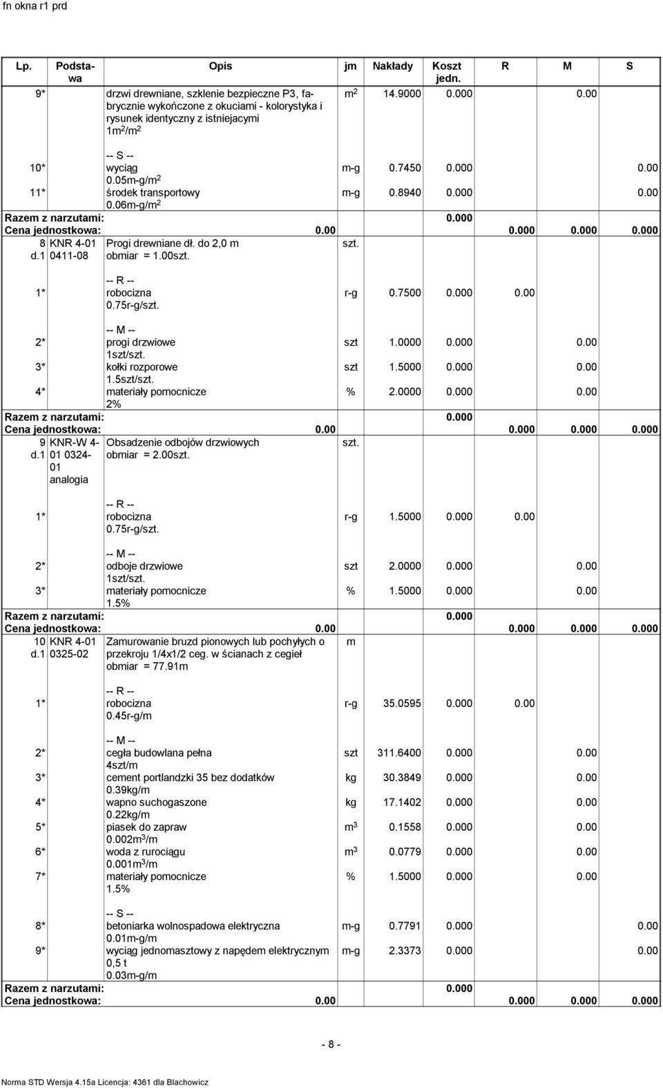 r-g 0.7500 0.000 0.00 2* progi drzwiowe szt 1.0000 0.000 0.00 1szt/szt. 3* kołki rozporowe szt 1.5000 0.000 0.00 1.5szt/szt. 4* materiały pomocnicze % 2.0000 0.000 0.00 2% 9 KNR-W 4-01 0324-01 Obsadzenie odbojów drzwiowych obmiar = 2.