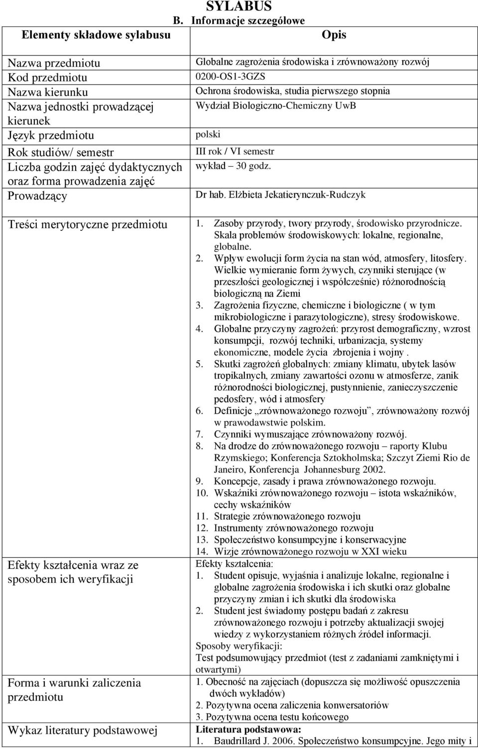 Prowadzący Globalne zagrożenia środowiska i zrównoważony rozwój Ochrona środowiska, studia pierwszego stopnia Wydział Biologiczno-Chemiczny UwB wykład 30 godz. Dr hab.