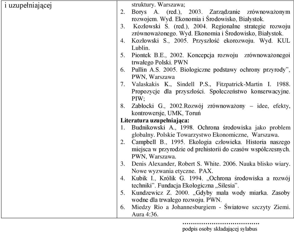 Koncepcja rozwoju zrównoważonegoi trwałego Polski. PWN 6. Pullin A.S. 2005. Biologiczne podstawy ochrony przyrody, PWN, Warszawa 7. Valaskakis K., Sindell P.S., Fitzpatrick-Martin I. 1988.