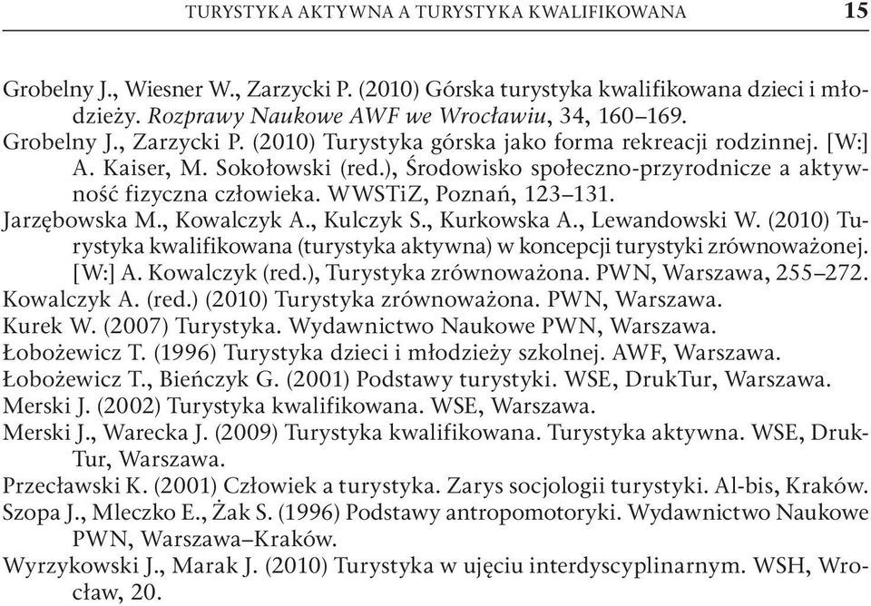 WWSTiZ, Poznań, 123 131. Jarzębowska M., Kowalczyk A., Kulczyk S., Kurkowska A., Lewandowski W. (2010) Turystyka kwalifikowana (turystyka aktywna) w koncepcji turystyki zrównoważonej. [W:] A.