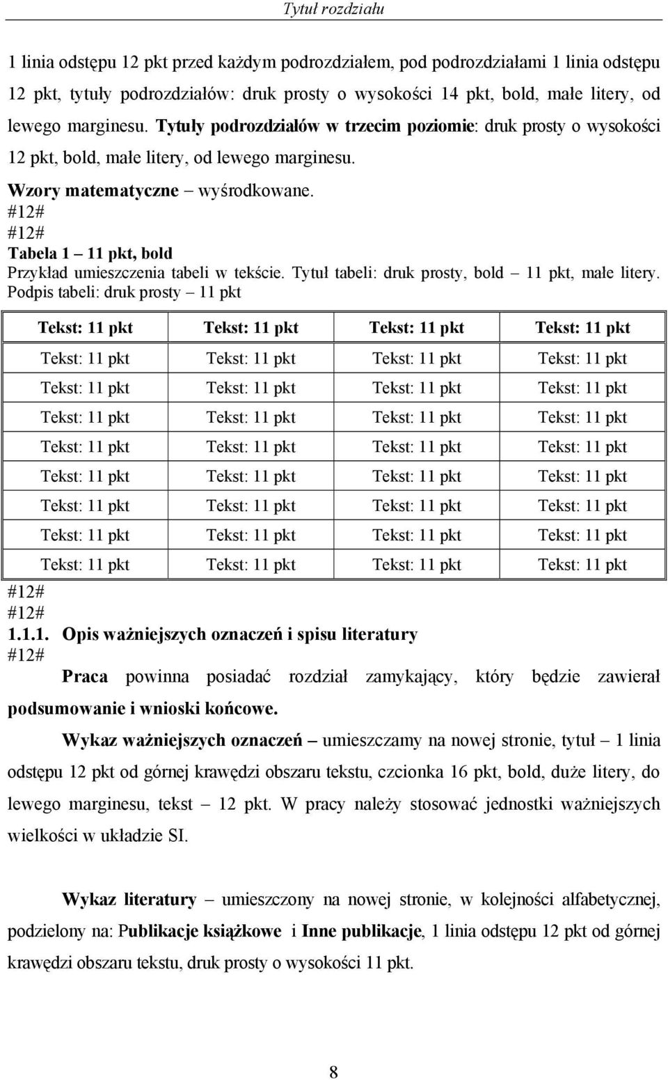 Tabela 1 11 pkt, bold Przykład umieszczenia tabeli w tekście. Tytuł tabeli: druk prosty, bold 11 pkt, małe litery. Podpis tabeli: druk prosty 11 pkt 1.1.1. Opis ważniejszych oznaczeń i spisu literatury Praca powinna posiadać rozdział zamykający, który będzie zawierał podsumowanie i wnioski końcowe.