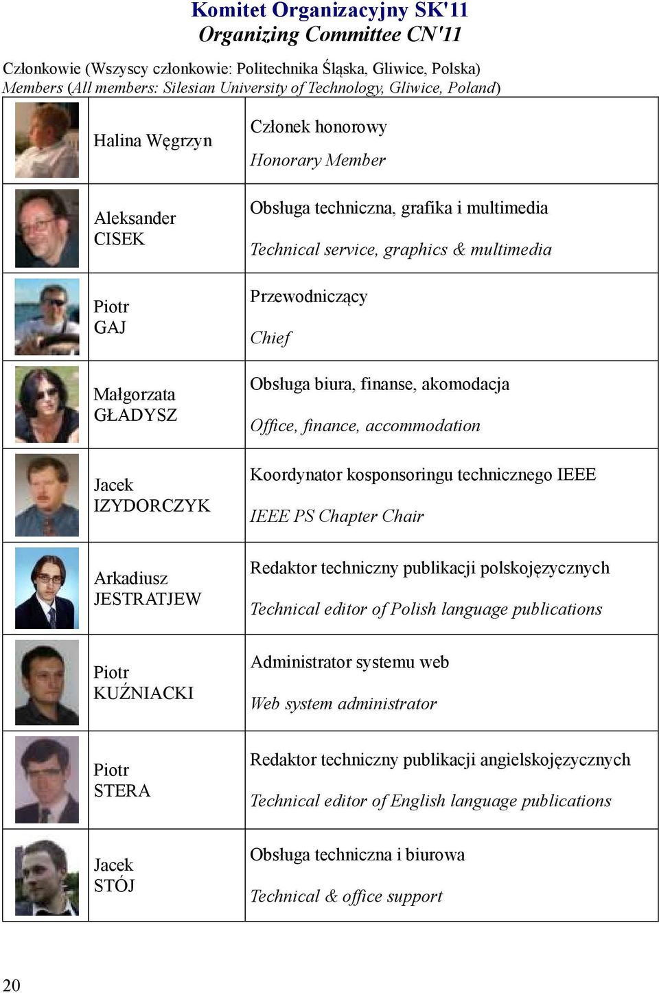 graphics & multimedia Przewodniczący Chief Obsługa biura, finanse, akomodacja Office, finance, accommodation Koordynator kosponsoringu technicznego IEEE IEEE PS Chapter Chair Redaktor techniczny