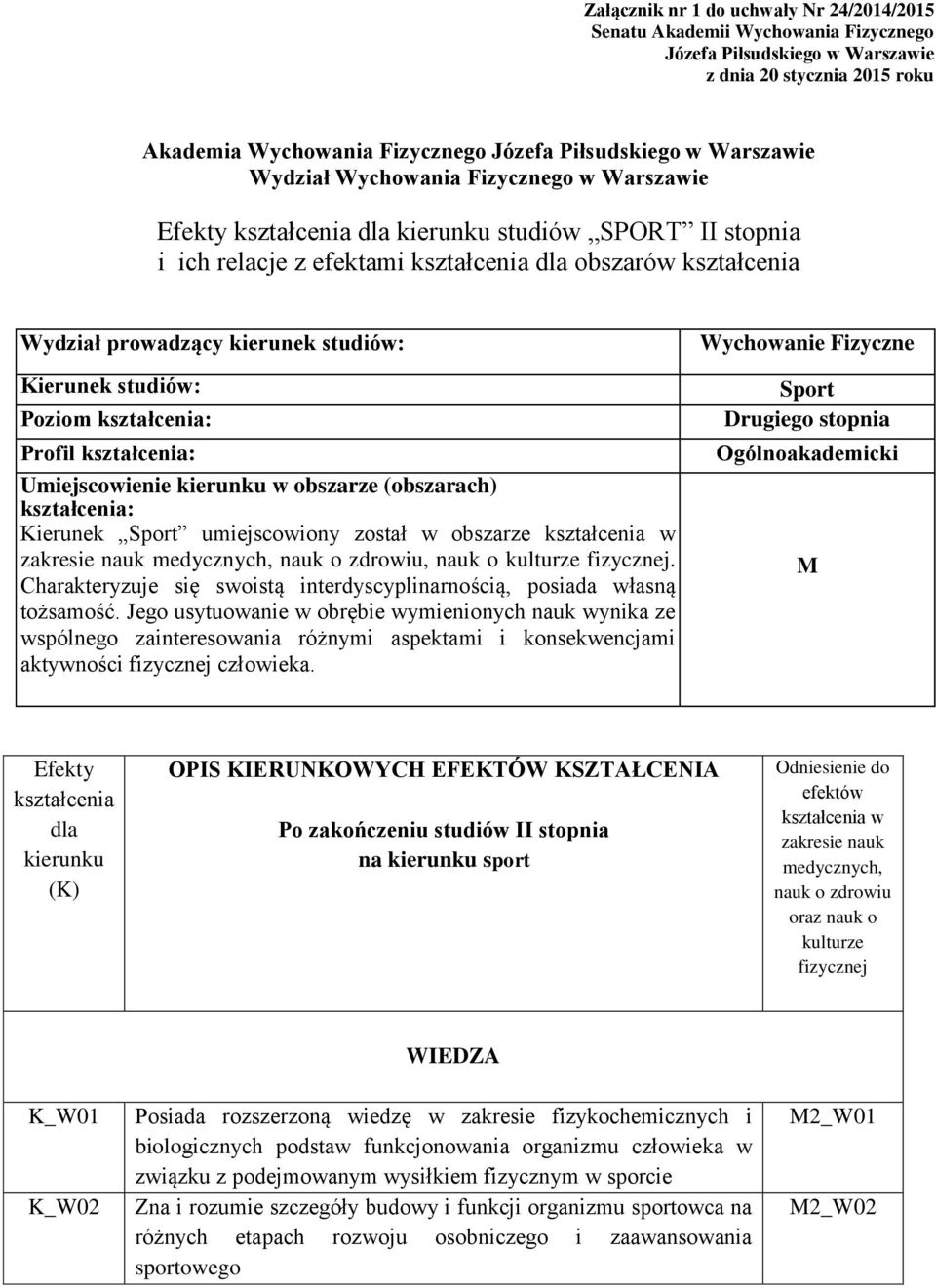 studiów: Kierunek studiów: Poziom kształcenia: Profil kształcenia: Umiejscowienie kierunku w obszarze (obszarach) kształcenia: Kierunek Sport umiejscowiony został w obszarze kształcenia w zakresie