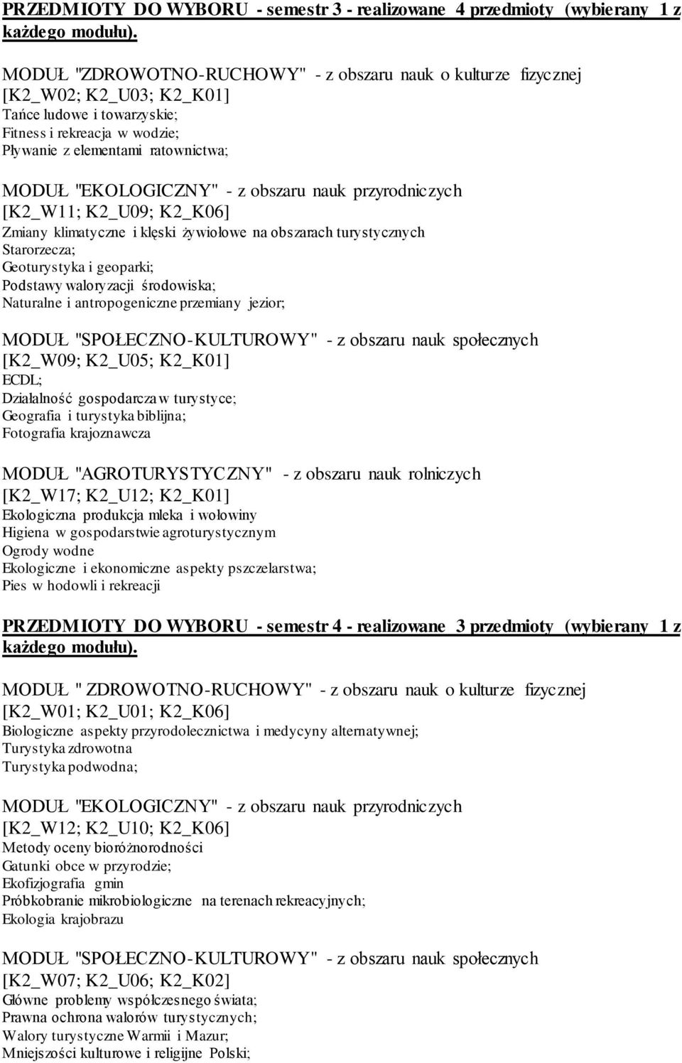 "EKOLOGICZNY" - z obszaru nauk przyrodniczych [K2_W11; K2_U09; K2_K06] Zmiany klimatyczne i klęski żywiołowe na obszarach turystycznych Starorzecza; Geoturystyka i geoparki; Podstawy waloryzacji