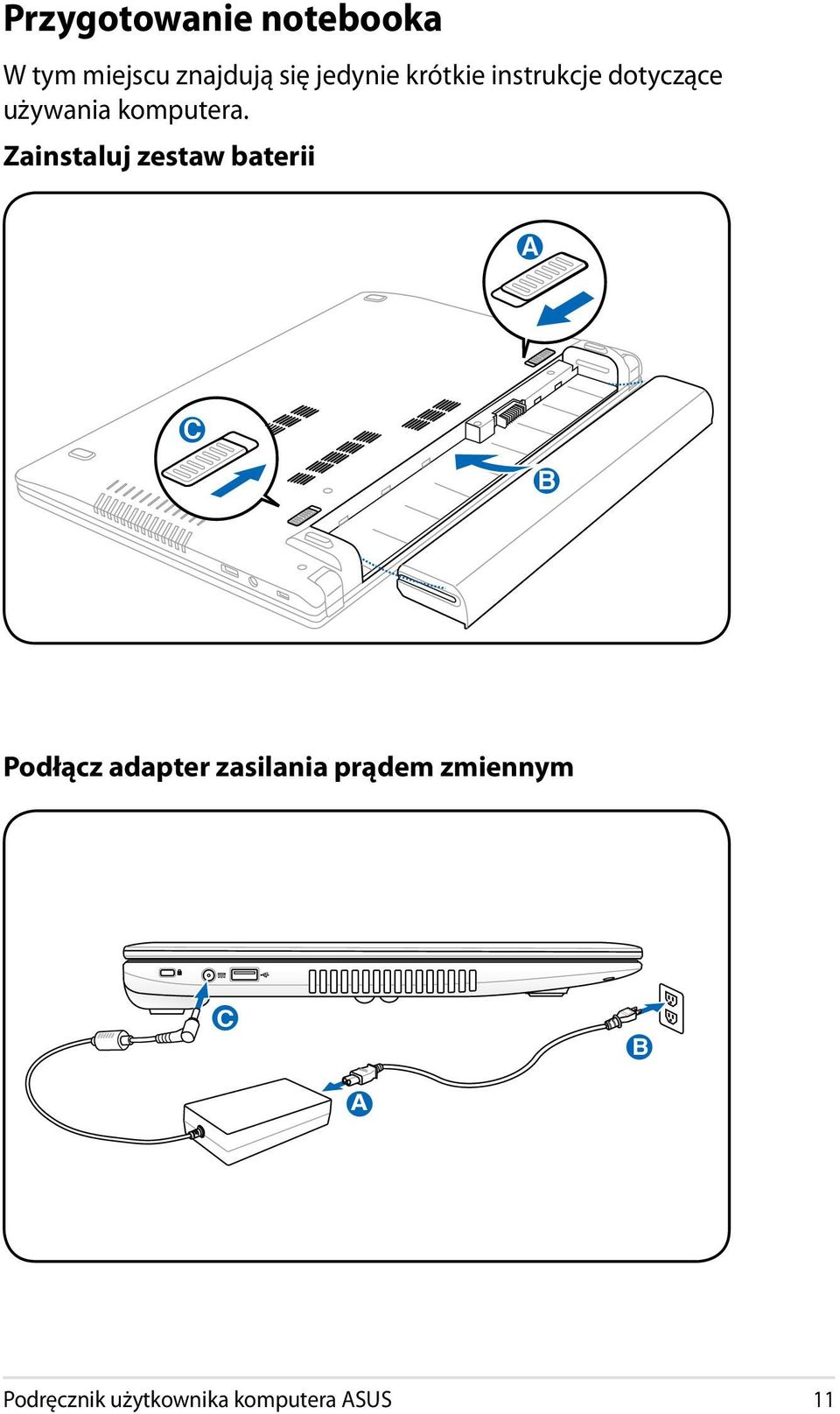 Zainstaluj zestaw baterii B A C B Podłącz adapter