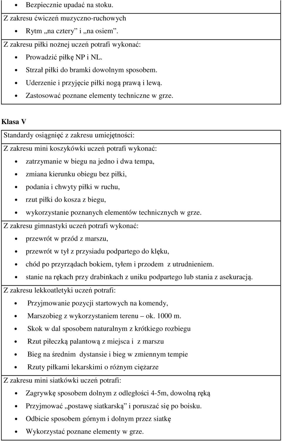 Klasa V Standardy osiągnięć z zakresu umiejętności: Z zakresu mini koszykówki uczeń potrafi wykonać: zatrzymanie w biegu na jedno i dwa tempa, zmiana kierunku obiegu bez piłki, podania i chwyty piłki