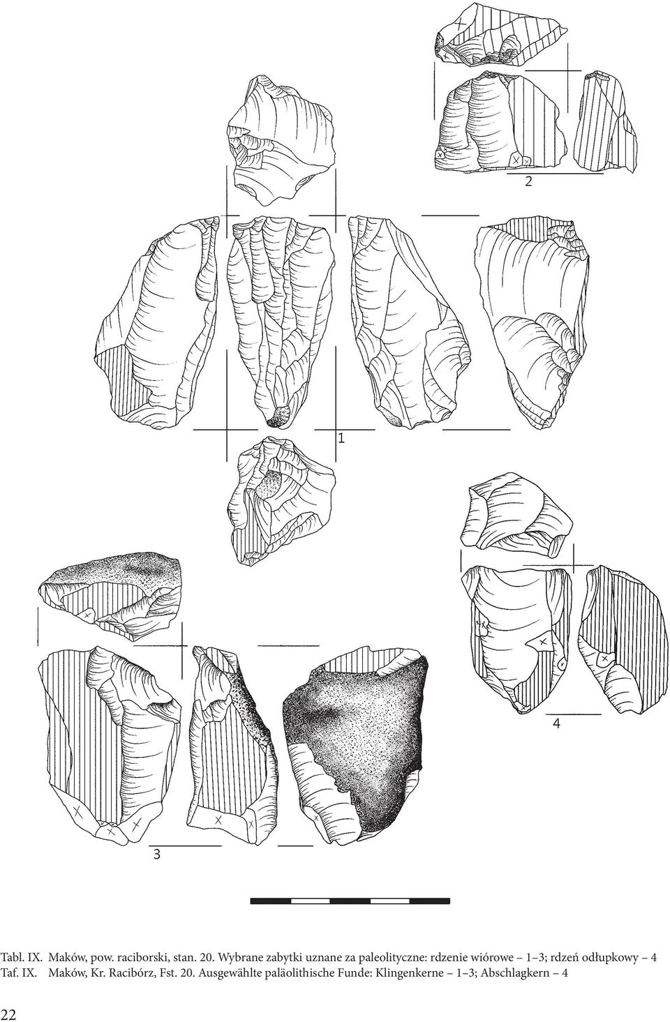 1 3; rdzeń odłupkowy 4 Taf. IX. Maków, Kr. Racibórz, Fst.