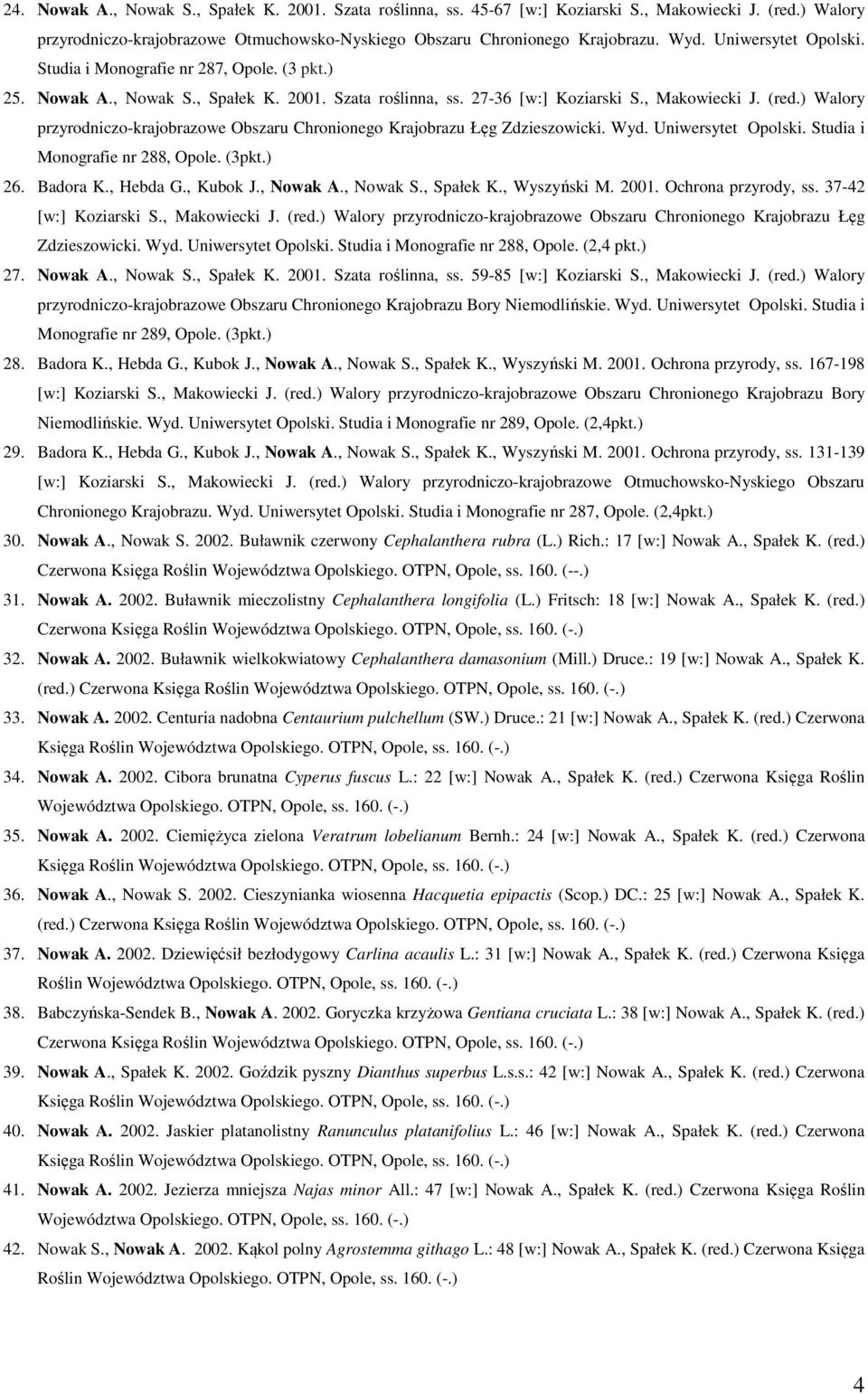 ) Walory przyrodniczo-krajobrazowe Obszaru Chronionego Krajobrazu Łęg Zdzieszowicki. Wyd. Uniwersytet Opolski. Studia i Monografie nr 288, Opole. (3pkt.) 26. Badora K., Hebda G., Kubok J., Nowak A.