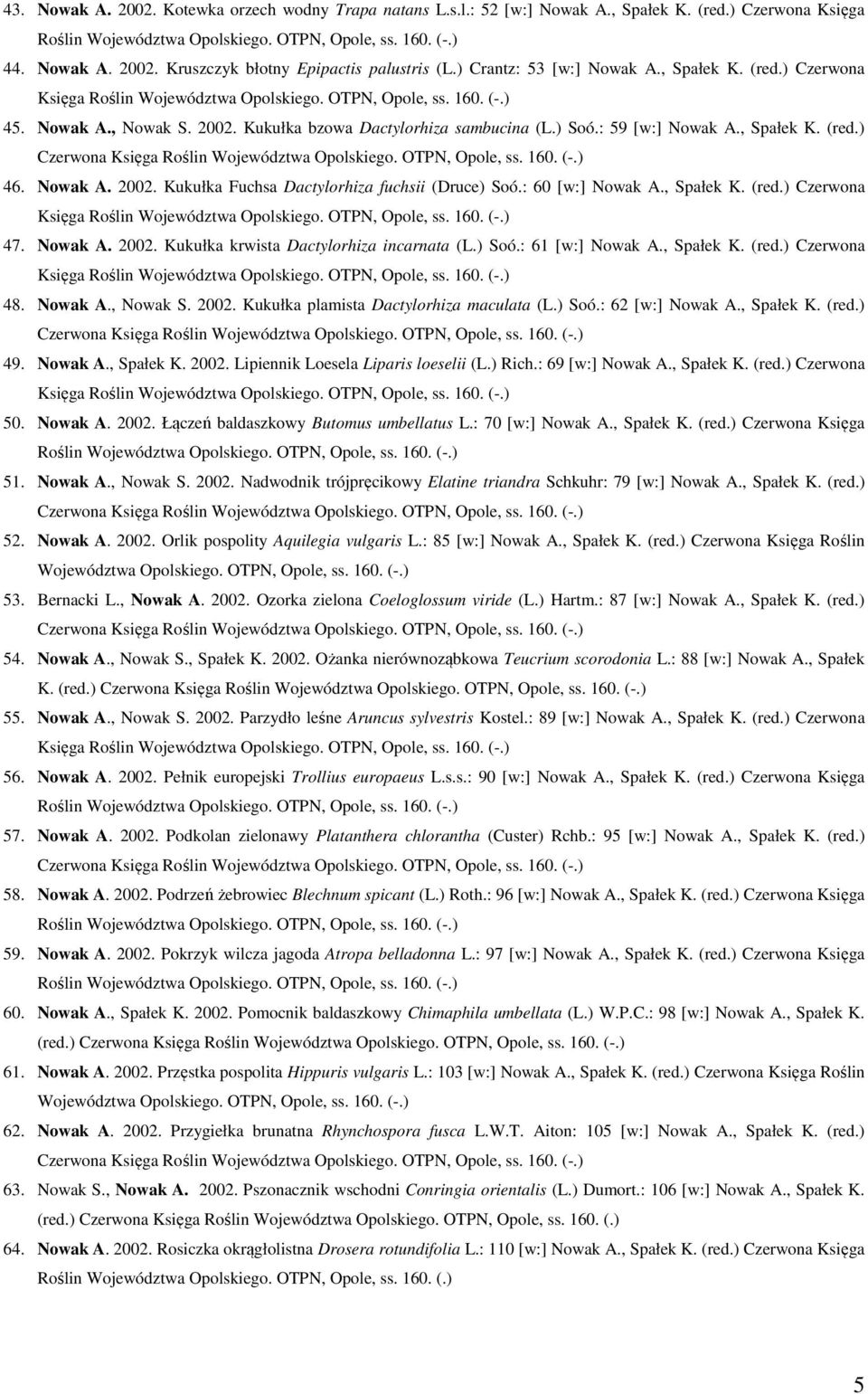 : 60 [w:] Nowak A., Spałek K. (red.) Czerwona 47. Nowak A. 2002. Kukułka krwista Dactylorhiza incarnata (L.) Soó.: 61 [w:] Nowak A., Spałek K. (red.) Czerwona 48. Nowak A., Nowak S. 2002. Kukułka plamista Dactylorhiza maculata (L.