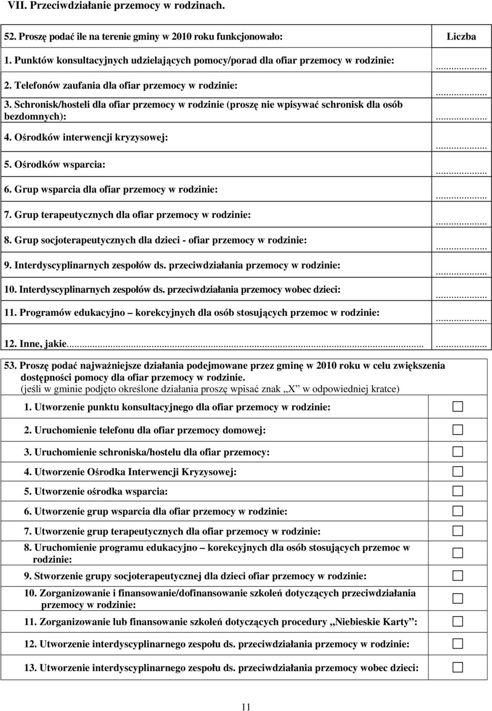 Schronisk/hosteli dla ofiar przemocy w rodzinie (proszę nie wpisywać schronisk dla osób bezdomnych): 4. Ośrodków interwencji kryzysowej: 5. Ośrodków wsparcia: 6.