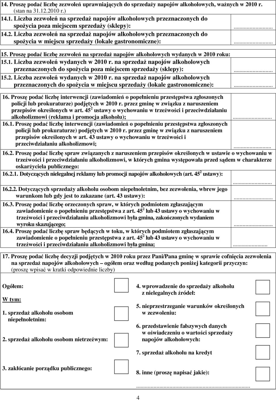 Proszę podać liczbę zezwoleń na sprzedaż napojów alkoholowych wydanych w 2010 roku: 15.1. Liczba zezwoleń wydanych w 2010 r.