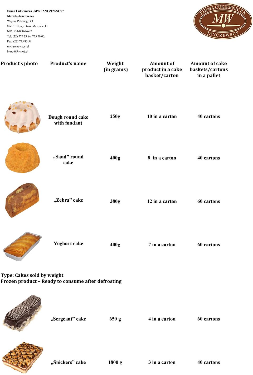 cake 400g 7 in a carton 60 cartons Type: Cakes sold by weight Frozen product Ready to consume