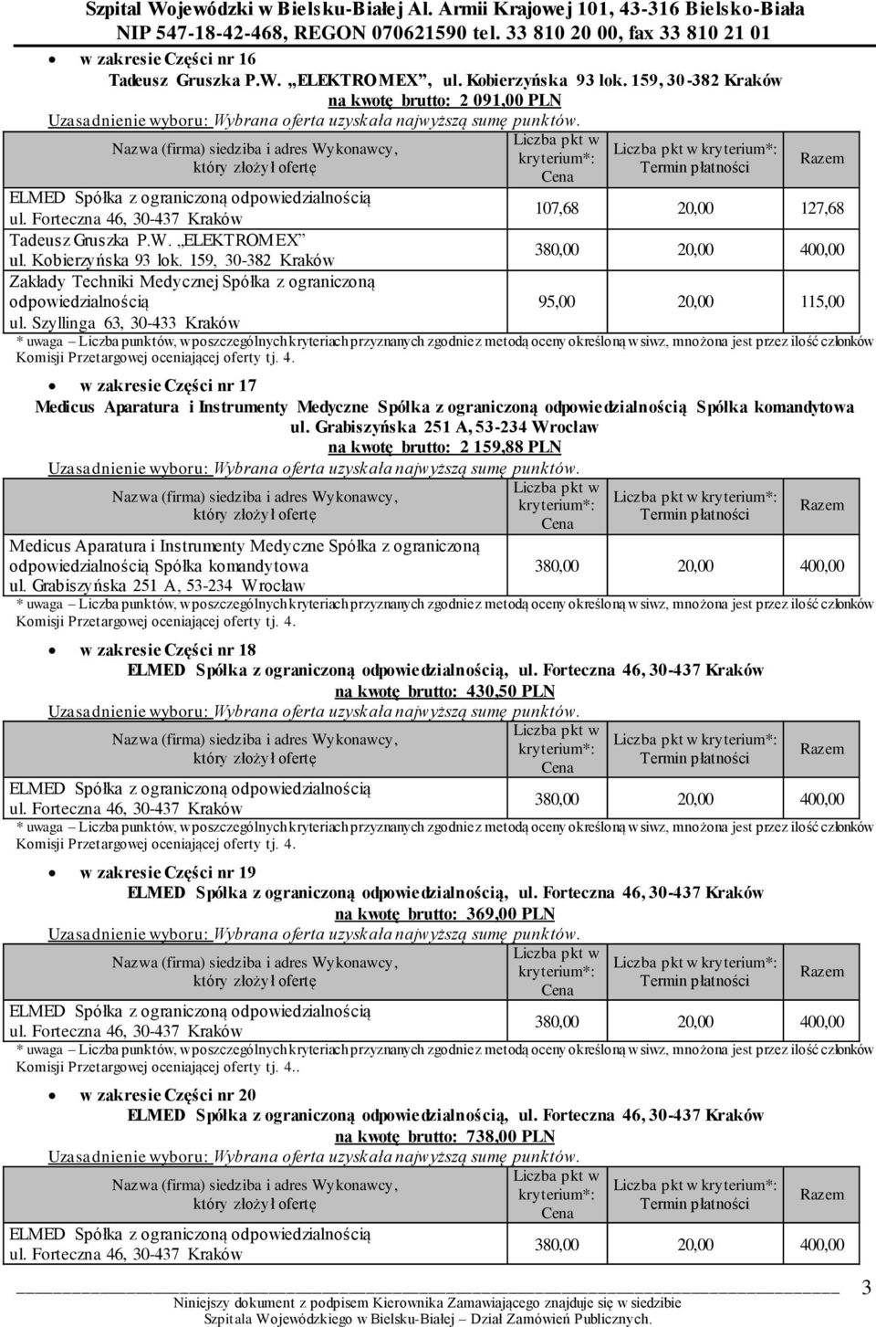 Medicus Aparatura i Instrumenty Medyczne Spółka z ograniczoną Spółka komandytowa w zakresie Części nr 18, na kwotę