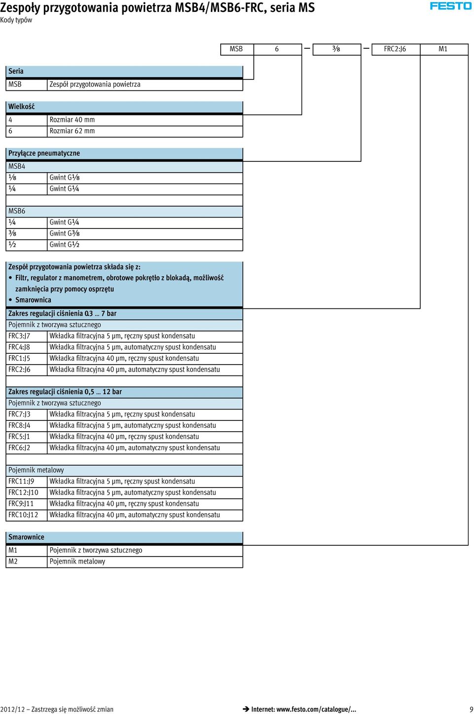 3 7bar Pojemnik z tworzywa sztucznego FRC3:J7 Wkładka filtracyjna 5 μm, ręczny spust kondensatu FRC4:J8 Wkładka filtracyjna 5 μm, automatyczny spust kondensatu FRC1:J5 Wkładka filtracyjna 40 μm,